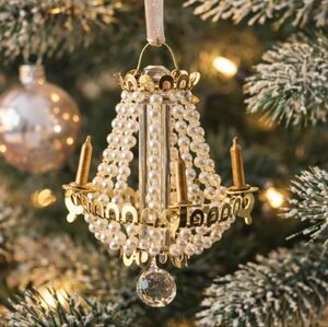 Mini Pearl Chandelier Ornament – Gold Tone & Crystal Drop – 4" Vintage Style